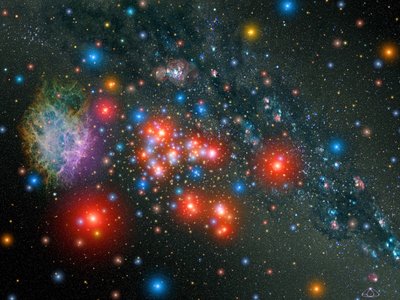Künstlerische Darstellung eines massiven Sternhaufens in unserer Milchstraßengalaxie, erleuchtet vom Glanz von 14 seltenen roten Überriesensternen, durchsetzt mit jungen blauen Sternen. Der Haufen enthält möglicherweise 20.000 Sterne. NASA. von National Aeronautics and Space Administration National Aeronautics and Space Administration